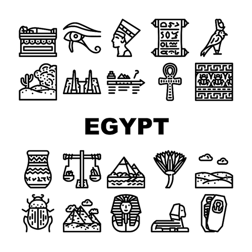 Egypt Civilization Landscape Icons Set Vector. Nefertiti Egypt Queen And Pharaoh Sarcophagus, Antique Vase And Ankh Ancient Decoration, Sahara Desert And Nile River Black Contour Illustrations