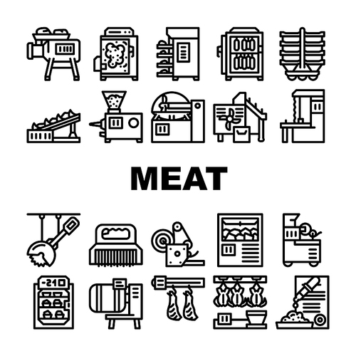 Meat Factory Production Equipment Icons Set Vector. Smoking And Baking Chamber For Preparing Meat, Grinder And Carcass Conveyor Plant Tool, Circula And Band Saws Black Contour Illustrations