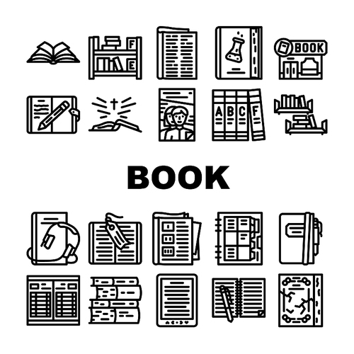 Book And Magazine Press For Read Icons Set Vector. Bookmark Accessory For Reading Encyclopedia And Holy Bible, Diary And Notebook, Educational And Electronic Audio Book Black Contour Illustrations