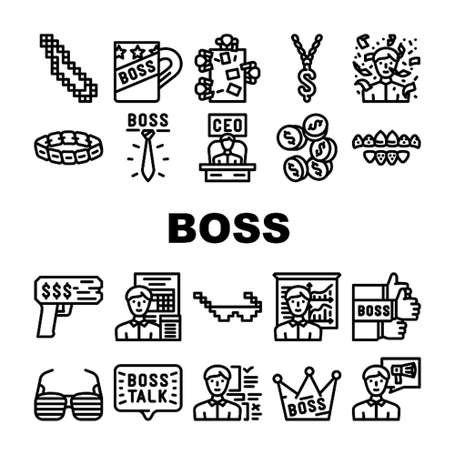 Boss Leader Businessman Accessory Icons Set Vector. Boss Ceramic Cup And Mug, Tie And Chain With Dollar, Money Gun And Crown, Sunglasses And Jewellery Golden Bracelet Black Contour Illustrations