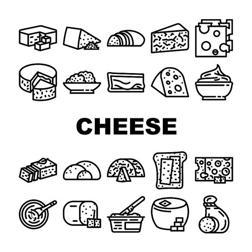 Cheese Dairy Delicious Nutrition Icons Set Vector. Cheddar And Mozzarella, Blue Cheese And Feta, Gouda And Camembert, Swiss And Mascarpone Milky Eatery Food. Tasty Nutrient Black Contour Illustrations