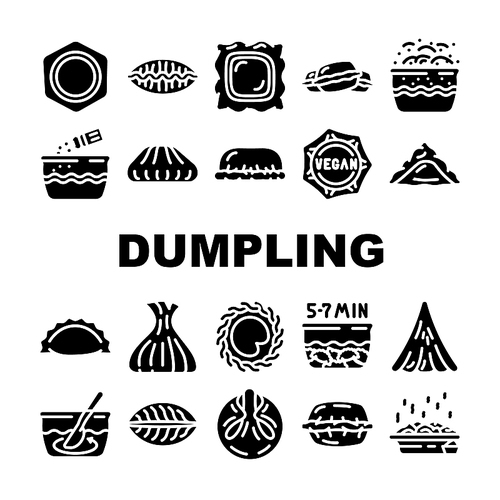 Dumpling Delicious Meal Recipe Icons Set Vector. Dumpling Food With Meat And Vegetable Ingredient, Cooking And Bowling, Kreplach Modak, Tortellini Khinkali Dish Glyph Pictograms Black Illustration
