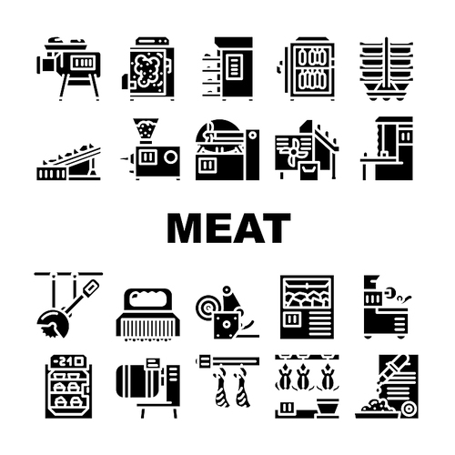Meat Factory Production Equipment Icons Set Vector. Smoking And Baking Chamber For Preparing Meat, Grinder And Carcass Conveyor Plant Tool, Circula And Band Saws Glyph Pictograms Black Illustration