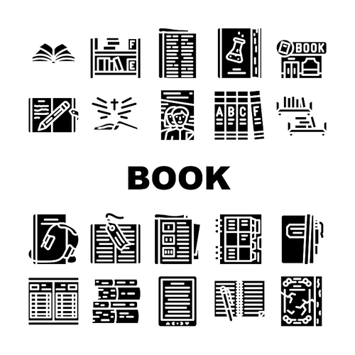 Book And Magazine Press For Read Icons Set Vector. Bookmark Accessory For Reading Encyclopedia And Holy Bible, Diary And Notebook, Educational Electronic Audio Book Glyph Pictograms Black Illustration