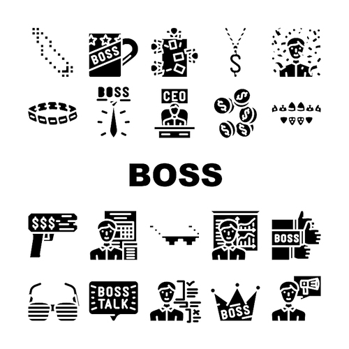 Boss Leader Businessman Accessory Icons Set Vector. Boss Ceramic Cup And Mug, Tie And Chain With Dollar, Money Gun And Crown, Sunglasses Jewellery Golden Bracelet Glyph Pictograms Black Illustration