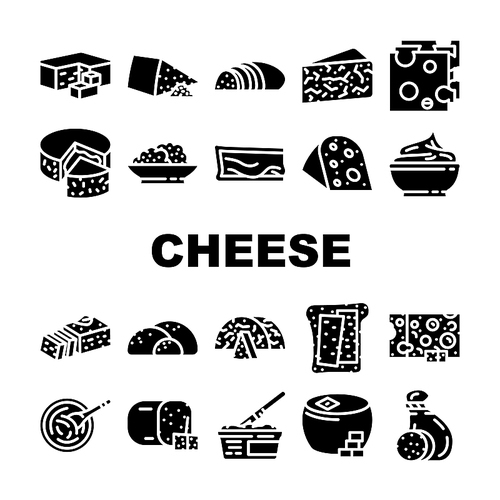Cheese Dairy Delicious Nutrition Icons Set Vector. Cheddar And Mozzarella, Blue Cheese Feta, Gouda And Camembert, Swiss Mascarpone Milky Eatery Food. Tasty Nutrient Glyph Pictograms Black Illustration