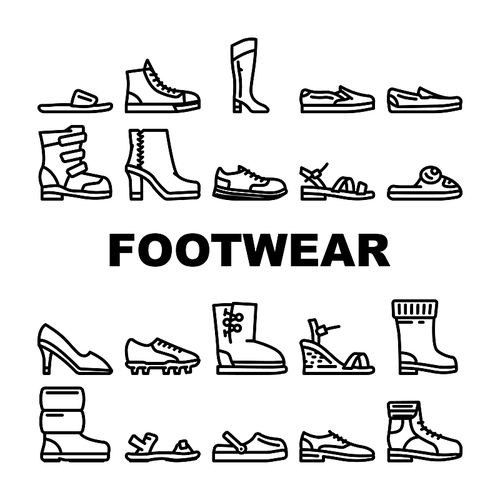 Footwear Fashionable And Luxury Icons Set Vector. Moonwalkers And Rubber Boots, Sneakers And Slippers, Moccasins And Sandals Footwear For Comfortable Walk And Run. Shoes Black Contour Illustrations