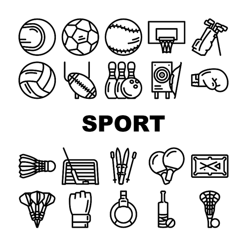 Sport Game Sportsman Activity Icons Set Vector. Rugby American Football And Soccer, Golf And Cricket, Baseball Tennis, Basketball And Volleyball Sport. Sportive Equipment Black Contour Illustrations