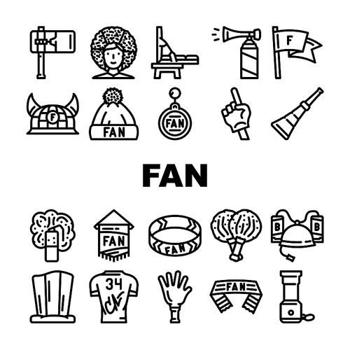 Sport Fan Supporter Accessories Icons Set Vector. Sport Fan Scarf And Bracelet, Helmet With Beer Bottles T-shirt With Autograph Signature, Pompom For Cheerleaders Clapper Black Contour Illustrations