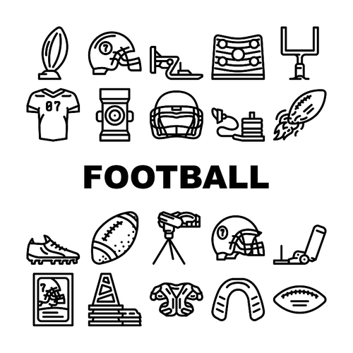 American Football Accessories Icons Set Vector. American Football Ball And Gate, Player Protective Helmet And Shoulder Pads, Jersey And Boots Footwear. Sport Game Equipment Black Contour Illustrations