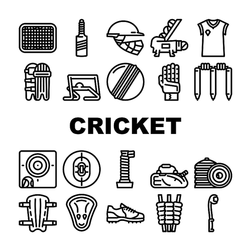 Cricket Sport Game Accessory Icons Set Vector. Cricket Ball And Bat, Grid And Sidearm Equipment, Player Protective Helmet And Leg Protect Bandage, Sweater And Boot. Black Contour Illustrations