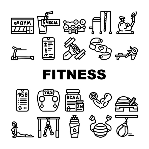 fitness gym sportive equipment icons set vector. athlete fitness exercise on rowing machine and bike, nutrition for muscle and  drink bottle, scale phone application black contour illustrations