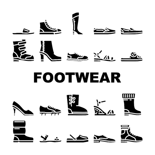 Footwear Fashionable And Luxury Icons Set Vector. Moonwalkers And Rubber Boots, Sneakers Slippers, Moccasins Sandals Footwear For Comfortable Walk And Run. Shoes Glyph Pictograms Black Illustration