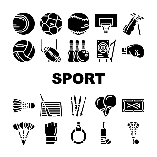 Sport Game Sportsman Activity Icons Set Vector. Rugby American Football And Soccer, Golf Cricket, Baseball Tennis, Basketball Volleyball Sport. Sportive Equipment Glyph Pictograms Black Illustration