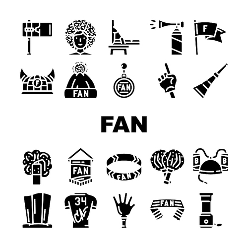 Sport Fan Supporter Accessories Icons Set Vector. Sport Fan Scarf Bracelet, Helmet With Beer Bottles T-shirt With Autograph Signature Pompom Cheerleaders Clapper Glyph Pictograms Black Illustration