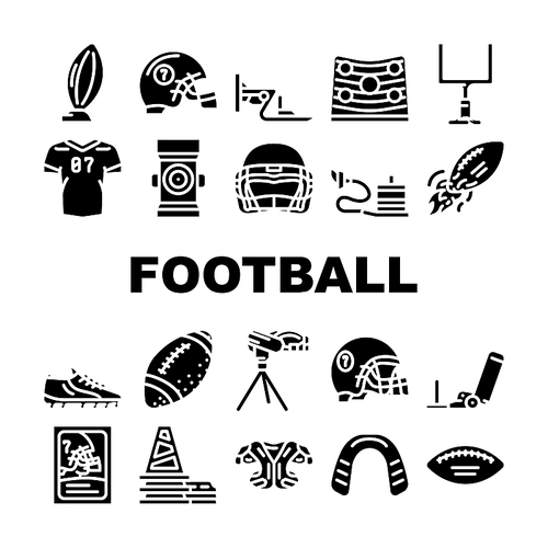 American Football Accessories Icons Set Vector. American Football Ball Gate, Player Protective Helmet Shoulder Pads, Jersey Boots Footwear. Sport Game Equipment Glyph Pictograms Black Illustration