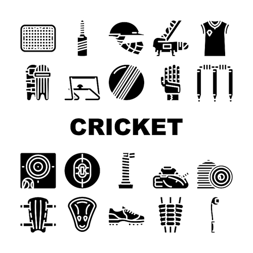 Cricket Sport Game Accessory Icons Set Vector. Cricket Ball And Bat, Grid And Sidearm Equipment, Player Protective Helmet And Leg Protect Bandage, Sweater And Boot. Glyph Pictograms Black Illustration