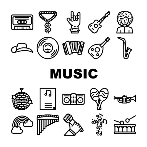 Music Genres Audio Performance Icons Set Vector. Classical And Country, Pop Hip Hop, Jazz And Electronic, Disco And Funk Music Genres. Musical Entertainment And Performing Black Contour Illustrations