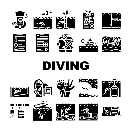 Diving School Education Lesson Icons Set Vector. Diving School Course And Study Underwater Sign Language Professional Equipment. Diver Instruction Coach Certificate Glyph Pictograms Black Illustration