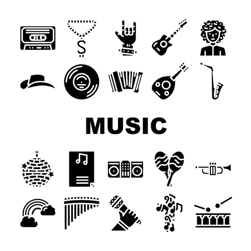 Music Genres Audio Performance Icons Set Vector. Classical And Country, Pop Hip Hop, Jazz And Electronic, Disco Funk Music Genres. Musical Entertainment Performing Glyph Pictograms Black Illustration