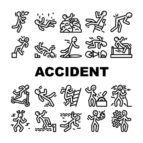 accident injury man person icons set vector. human car crash, fail safety, road danger, slip caution, work risk traffic accident injury man person black contour illustrations