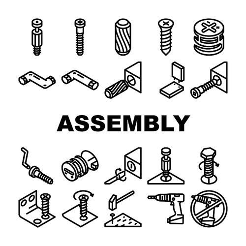 assembly instruction furniture icons set vector. manual diy, home repair tools construction, house assemble screw assembly instruction furniture black contour illustrations