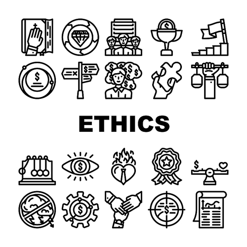 business corporate ethics company icons set vector. integrity trust, honesty value, moral ethics, social culture, responsibility core business corporate ethics company black contour illustrations