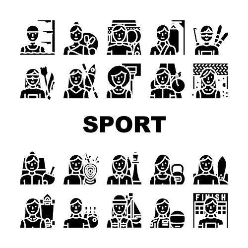 female sport woman exercise icons set vector. girl athlete, workout training, young people, healthy active gym lifestyle fitness female sport woman exercise glyph pictogram Illustrations
