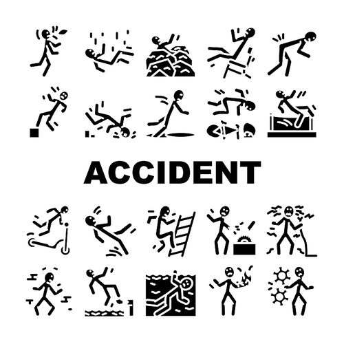 accident injury man person icons set vector. human car crash, fail safety, road danger, slip caution, work risk traffic accident injury man person glyph pictogram Illustrations