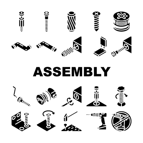 assembly instruction furniture icons set vector. manual diy, home repair tools construction, house assemble screw assembly instruction furniture glyph pictogram Illustrations