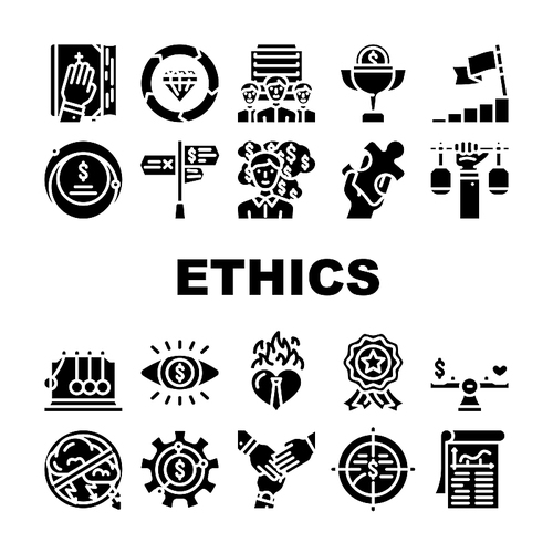 business corporate ethics company icons set vector. integrity trust, honesty value, moral ethics, social culture, responsibility core business corporate ethics company glyph pictogram Illustrations