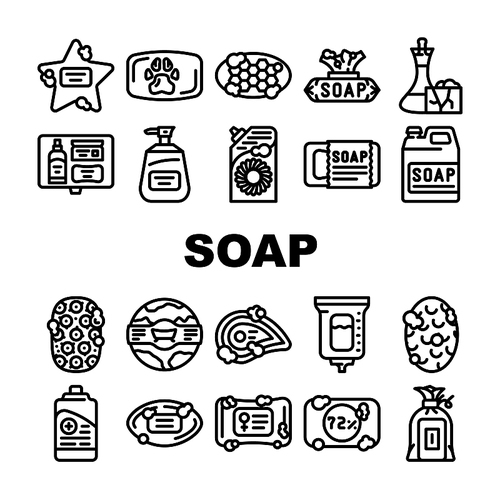soap bar bath body care beauty icons set vector. bathroom hygiene, natural spa, organic shower, foam product, wash cosmetic, handmade soap bar bath body care beauty black contour illustrations