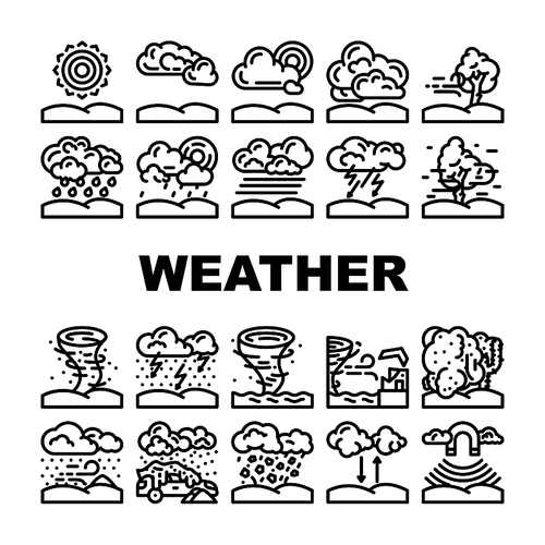 weather forecast rain sun cloud icons set vector. climate temperature, meteorology sky, sunny nature, storm wind, snow cold day weather forecast rain sun cloud black contour illustrations