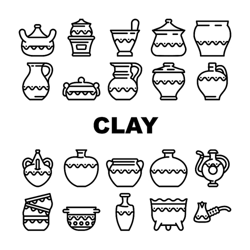 clay pot ceramic pottery bowl icons set vector. traditional vase food, old art, ancient earthware, craft jug, kitchen brown dish clay pot ceramic pottery bowl black contour illustrations