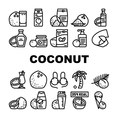 coconut coco fruit white tropical icons set vector. milk nut, fresh food, organic palm, natural oil, healthy exotic nutrition nature coconut coco fruit white tropical black contour illustrations