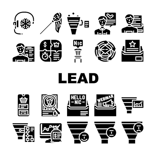 lead generation customer business icons set vector. funnel marketing, digital inbound conversion, client magnet strategy, website sales lead generation customer business glyph pictogram Illustrations