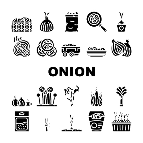 onion white red food vegetable icons set vector. cut fresh, half slice, raw purple green, cooking organic plant ingredient bulb onion white red food vegetable glyph pictogram Illustrations