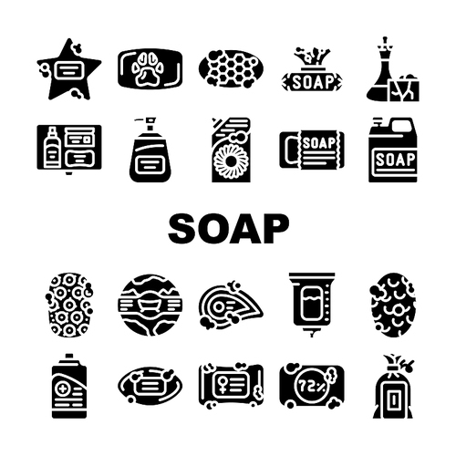 soap bar bath body care beauty icons set vector. bathroom hygiene, natural spa, organic shower, foam product, wash cosmetic, handmade soap bar bath body care beauty glyph pictogram Illustrations