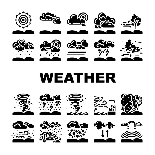 weather forecast rain sun cloud icons set vector. climate temperature, meteorology sky, sunny nature, storm wind, snow cold day weather forecast rain sun cloud glyph pictogram Illustrations
