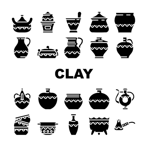 clay pot ceramic pottery bowl icons set vector. traditional vase food, old art, ancient earthware, craft jug, kitchen brown dish clay pot ceramic pottery bowl glyph pictogram Illustrations