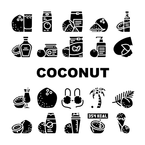 coconut coco fruit white tropical icons set vector. milk nut, fresh food, organic palm, natural oil, healthy exotic nutrition nature coconut coco fruit white tropical glyph pictogram Illustrations