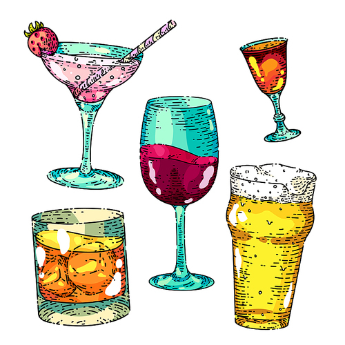 drink glass set hand drawn vector. alcohol menu, vintage bar, ice food beverage, restaurant cup drink glass sketch. isolated color illustration