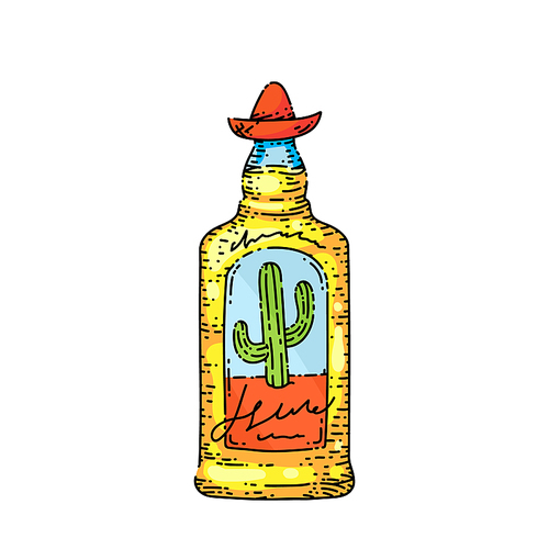 tequila bottle hand drawn vector. shot, agave mexico alcohol, mexican glass tequila bottle sketch. isolated color illustration