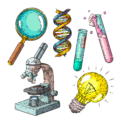 science chemistry set hand drawn vector. school formula, physics laboratory, scientific education, research experiment, dna technology science chemistry sketch. isolated color illustration