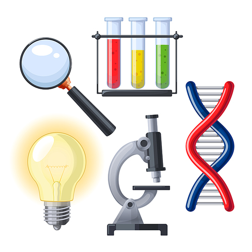 science chemistry set cartoon. school formula, physics laboratory, scientific education, research experiment, dna technology science chemistry vector illustration