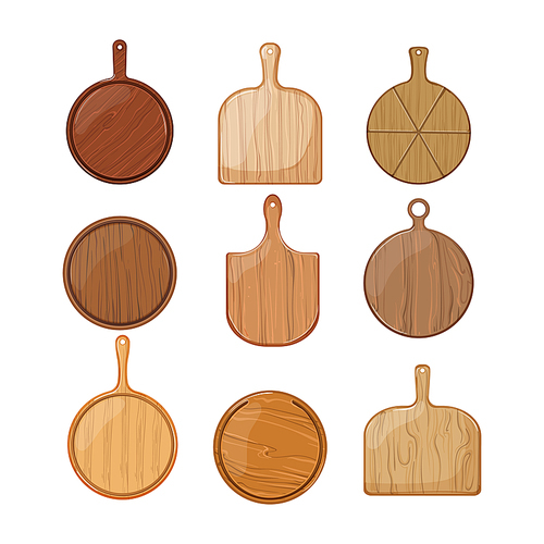 wooden pizza board set cartoon. kitchen round, food table, plate empty, tray plank, surface wooden pizza board vector illustration