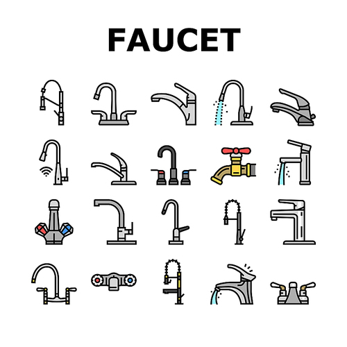 faucet water sink tap bathroom icons set vector. clean home, modern interior, white drop, wash, plumbing metal, hous pipe faucet water sink tap bathroom color line illustrations
