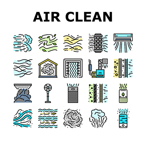air clean fresh wind flow filter icons set vector. home dust, conditioner blue, cold purification, nature technology, cleaner room air clean fresh wind flow filter color line illustrations