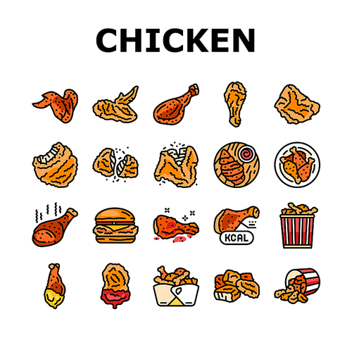 chicken crispy food meat meal icons set vector. fast delicious, wing fried, snack crunchy, leg cooked, eat tasty, dinner golden chicken crispy food meat meal color line illustrations