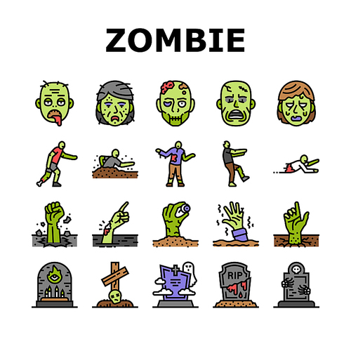 zombie horror scary dead evil icons set vector. monster creepy, hand death, undead nightmare, man fear, apocalypse blood hell zombie horror scary dead evil color line illustrations